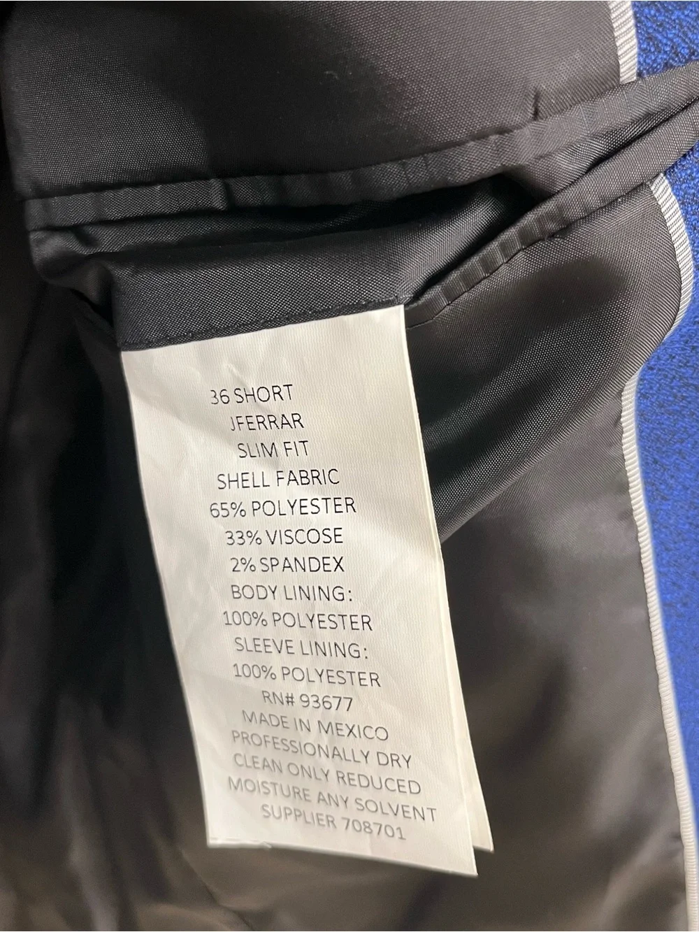 J. Ferrar royal blue tuxedo style jacket with black satin accents